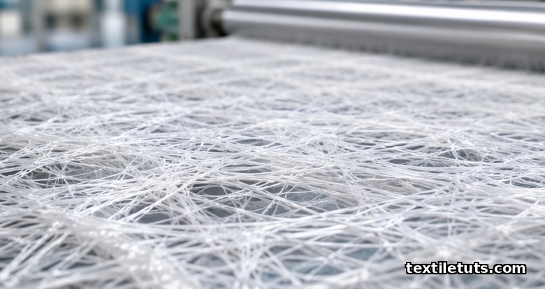 Macro view of continuous spunbond polypropylene filaments forming a white nonwoven web on a textile conveyor.