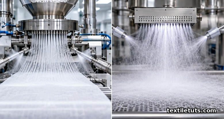 Side-by-side view of spunbond and meltblown nonwoven production lines extruding polypropylene filaments into fibrous webs.
