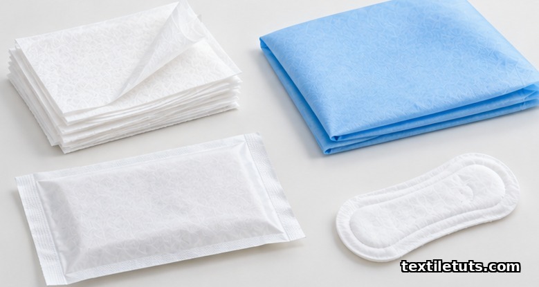 Spunlace nonwoven end-uses: wet wipes stack, surgical drape, cleanroom wiper, and hygiene pad.