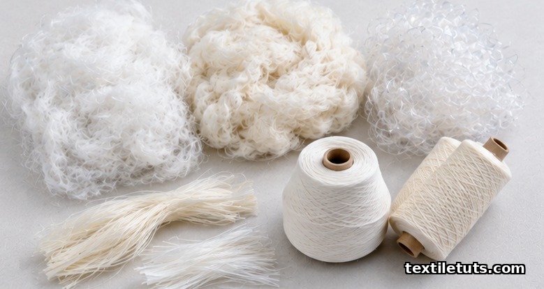 Flat-lay of staple fibers used in spunlace: viscose, cotton, and polyester tufts with yarn bobbins.