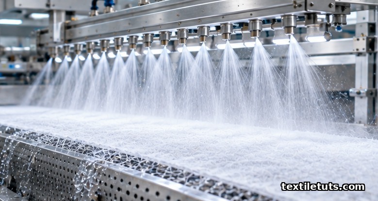 High-pressure water jets from injector nozzles striking a fiber web on a conveyor in spunlace production.