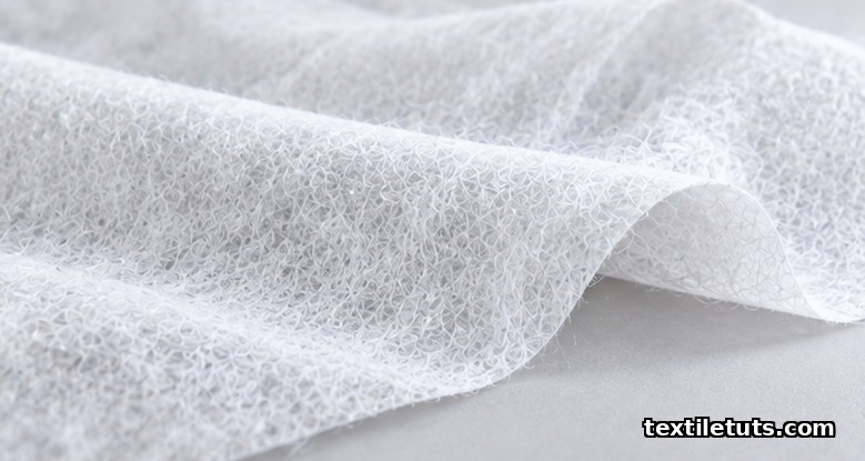 Close-up of soft white spunlace nonwoven fabric showing entangled fiber texture in gentle folds.