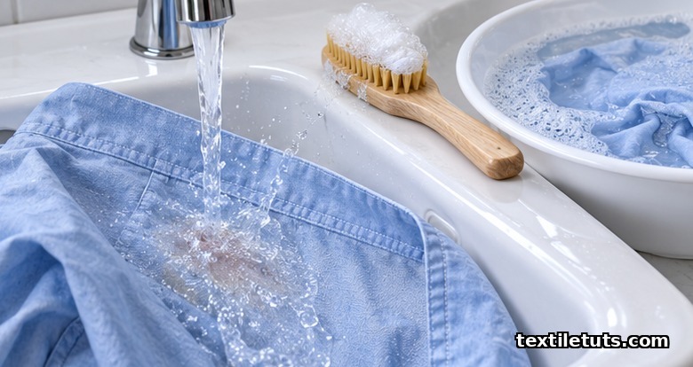 Inside-out cotton garment flushed with cold water from the reverse side beside a brush with enzyme pre-treatment gel