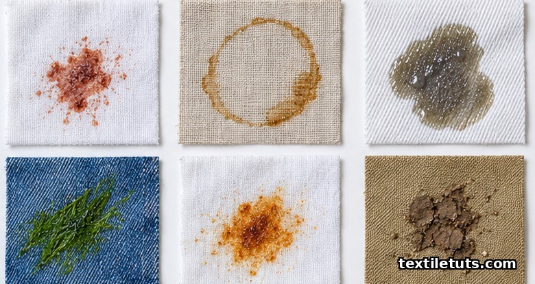 Six fabric swatches showing protein, tannin, oil, grass dye, rust and mud stains for stain type identification