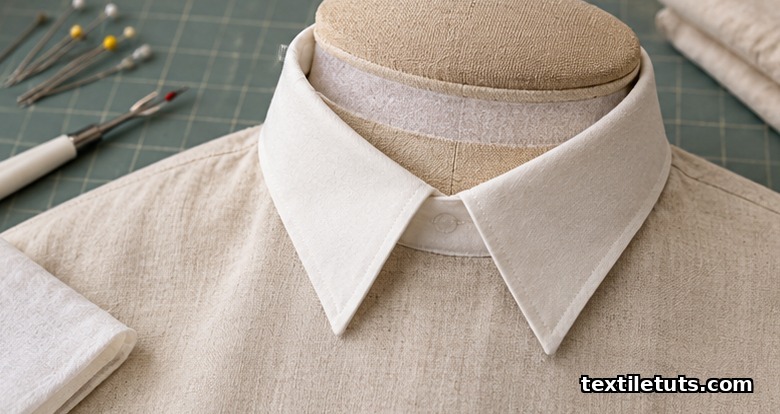 Detailed view of a dress shirt stand collar with separate upper collar piece and band wrapped on a pressing form.