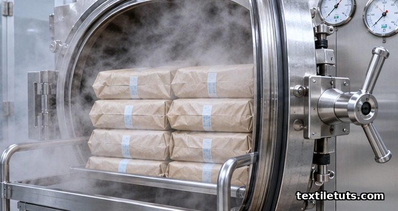Open stainless-steel autoclave door releasing steam around wrapped surgical gown packs on a loading cart.