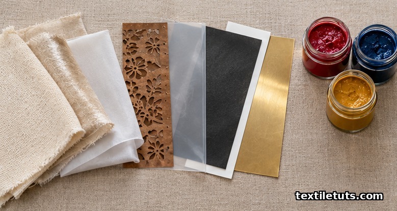Cotton, silk, and polyester swatches with paper, mylar, vinyl, and brass stencils and jars of colored paste.