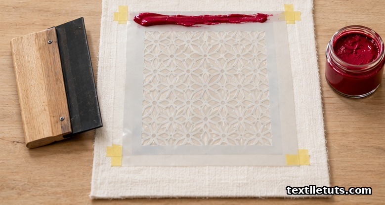 Overhead view of a workbench showing a mylar stencil taped to cotton with red printing paste ready to spread.