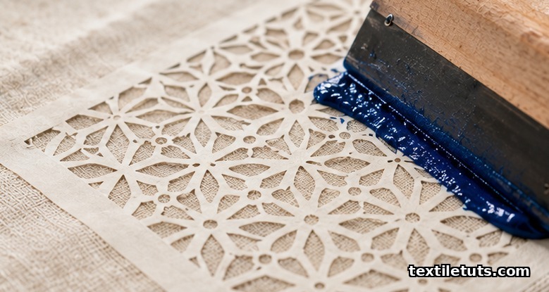 Close-up of a rubber squeegee drawing blue printing paste across a cut paper stencil onto cream cotton fabric.