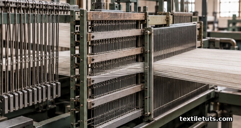 Industrial power loom showing drop wires, harness frames, and reed in the drawing-in sequence along the warp path.