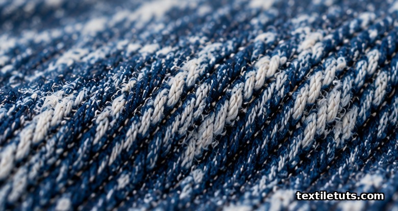 Macro close-up of denim yarns with dark indigo dye scuffed away to reveal the white cotton core at abrasion points.