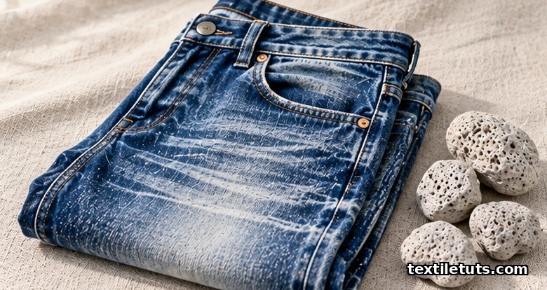 Stone-washed denim jeans with high-contrast indigo fading shown alongside pale pumice stones on a linen backdrop.