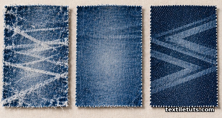 Three denim swatches pinned side by side comparing stone wash streaks, smooth enzyme fade, and laser-patterned fade.
