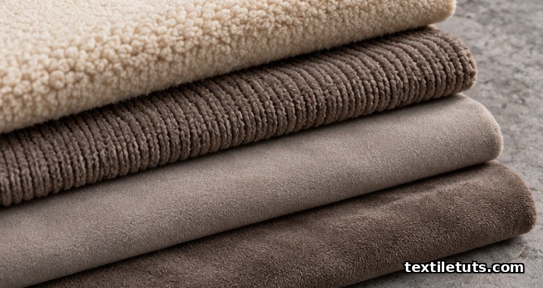Stacked knit fabric samples of polar fleece, knit velour, sueded jersey, and stretch suede arranged on a stone surface.