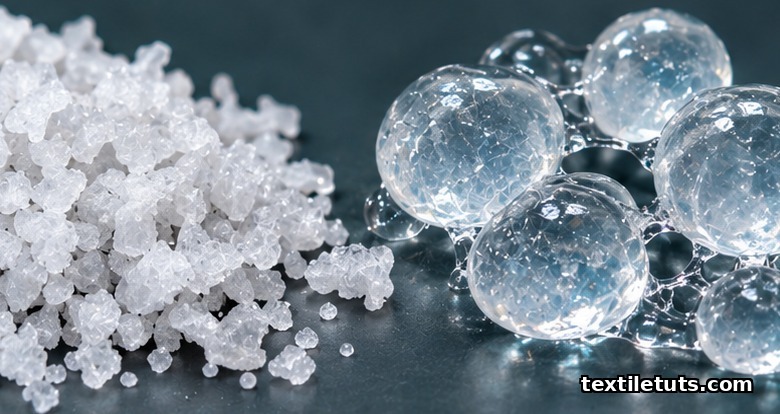 Macro comparison of dry sodium polyacrylate granules next to swollen translucent hydrogel beads, showing superabsorbent polymer fluid-locking action.