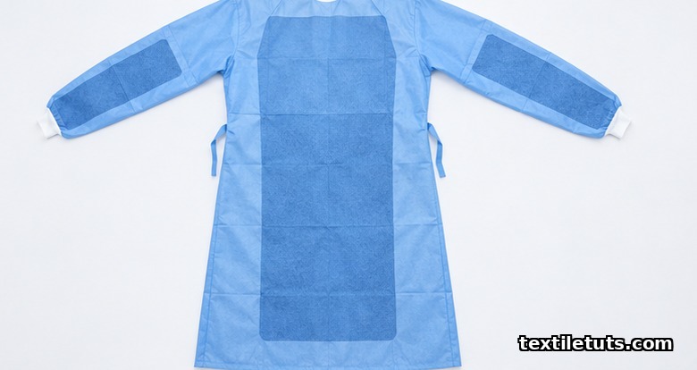 Flat-lay surgical gown showing darker critical-zone panels across the front torso and sleeve cuffs.