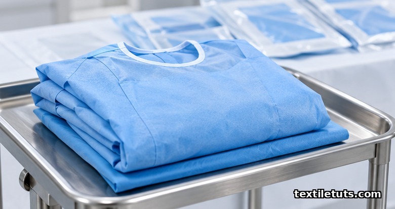 Folded blue surgical gown and drape on a stainless Mayo stand in a sterile clinical setting.