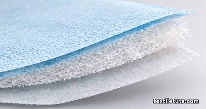 Cross-section of a three-layer surgical mask showing spunbond outer, meltblown filter, and spunbond inner polypropylene nonwoven layers.
