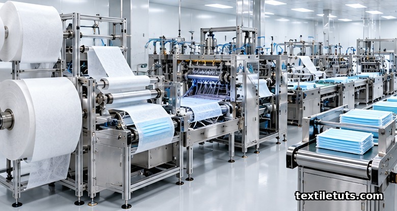 Automated surgical mask assembly line producing pleated masks from nonwoven rolls with ultrasonic welding and die cutting stations.