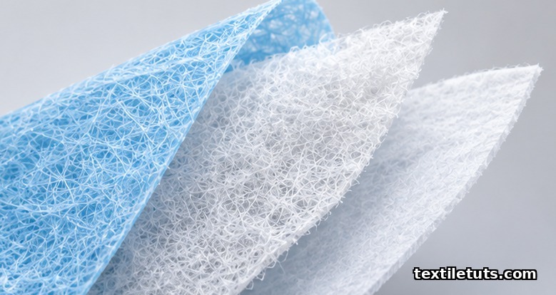 Exploded macro view of the three nonwoven layers of a surgical mask: spunbond outer, meltblown middle filter, spunbond inner.