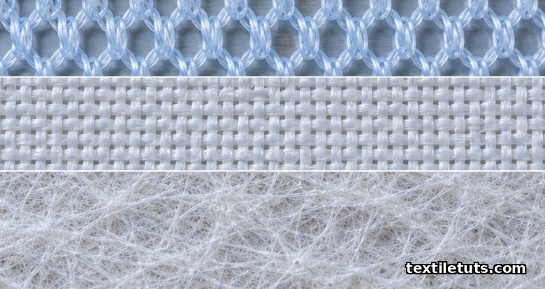 Three stacked close-ups showing warp-knitted, plain-woven, and spunbonded nonwoven textile structures used in surgical mesh construction.