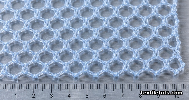 Macro view of warp-knitted polypropylene surgical mesh with hexagonal pores on a steel surface, showing the textile scaffold structure used in hernia repair.