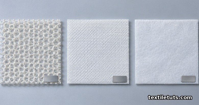 Three textile swatches side by side: knitted polypropylene, woven polyester, and ePTFE patch, comparing the polymer families used in hernia mesh.