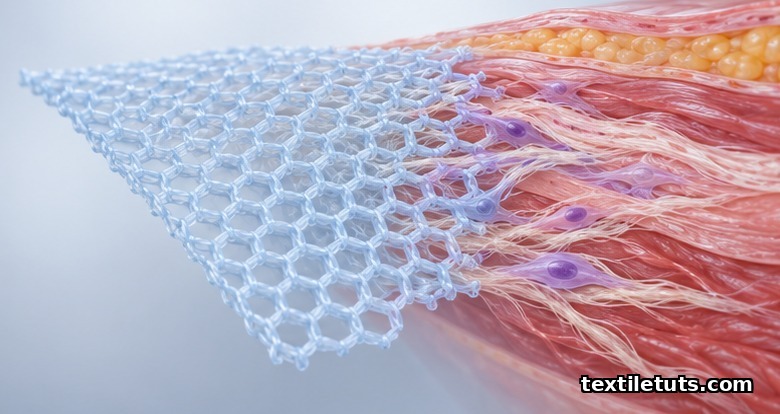 Surgical mesh patch shown bridging the abdominal wall layers as a textile scaffold for tissue ingrowth during hernia repair.