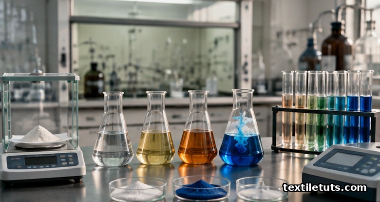 Textile compliance laboratory with reagent flasks, BOD/COD meter, and colorimetric test tubes on a clean benchtop.