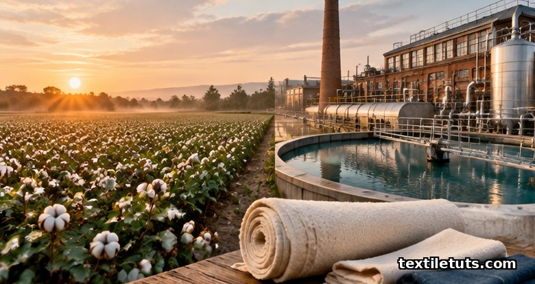 Editorial view of sustainable textile production: organic cotton fields beside a modern dyehouse with effluent treatment tank at dawn.