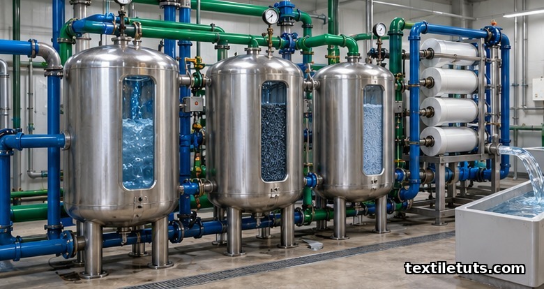 Industrial water treatment system with filtration tanks and reverse osmosis membrane polishing indigo-tinted water into clear water.