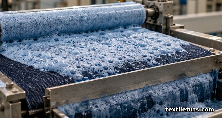 Close-up of indigo dye foam applied by roller onto dark denim fabric on a finishing line, with a doctor blade scraping excess.