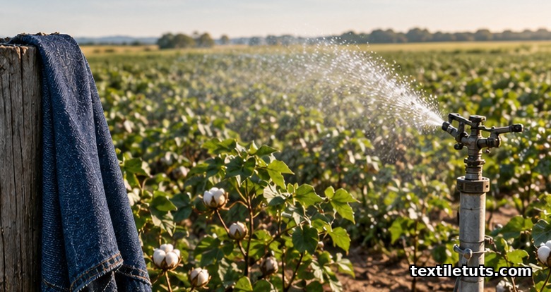 Cotton field irrigated by a foreground sprinkler with woven indigo denim draped on a wooden fence post.