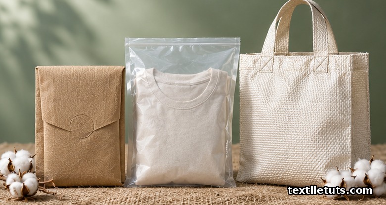 Sustainable textile packaging — kraft paper sleeve, recycled PET garment bag, and woven tote arranged on a jute-fiber surface with raw cotton bolls.