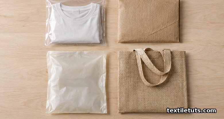 Top-down flat lay of four sustainable packaging samples — rPET bag, kraft paper sleeve, compostable film pouch, and woven tote — on a birch surface.