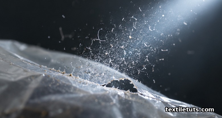 Macro close-up of a torn garment-bag seam releasing a plume of tiny back-lit microfibers into a darker background.