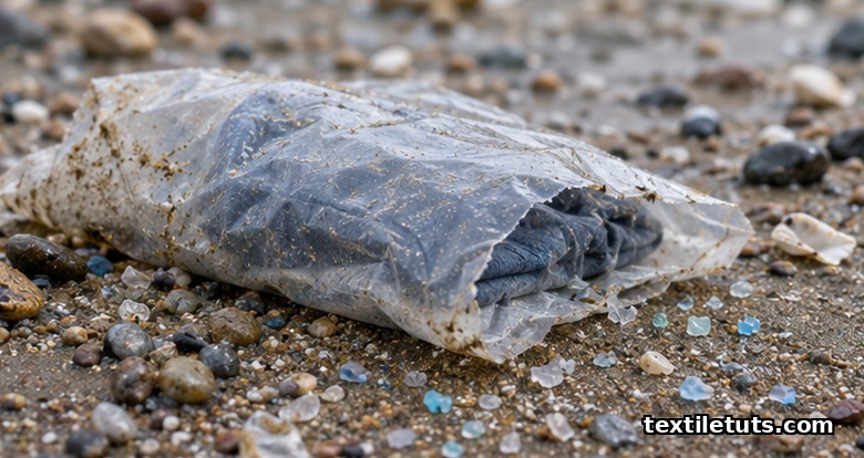 Torn LDPE polybag half-buried in beach sand with a garment inside and microplastic fragments scattered across the tideline.