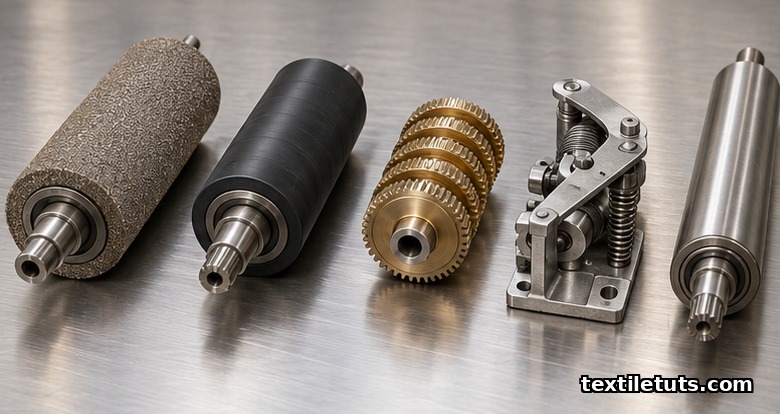 Five key take-up components laid out on a workbench: sand roller, take-up roller, change wheels, ratchet, cloth roller.