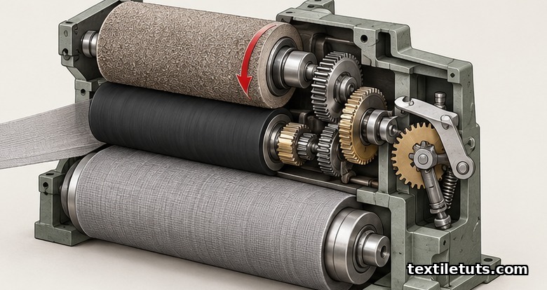 Cutaway illustration of the take-up mechanism showing sand roller, gear train, and ratchet-and-pawl.