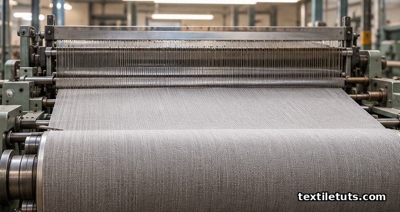 Take-up motion on a rapier loom, woven cloth winding onto the cloth roller under controlled tension.