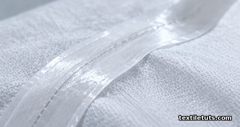 Close-up of a taped seam on a white protective coverall with translucent hot-melt tape welded over the stitch line.