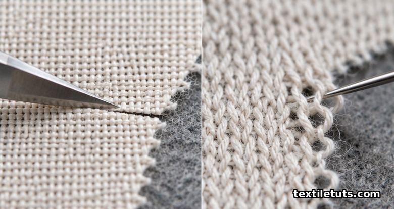 Side-by-side comparison of woven fabric tear test and knit fabric burst test under laboratory lighting.