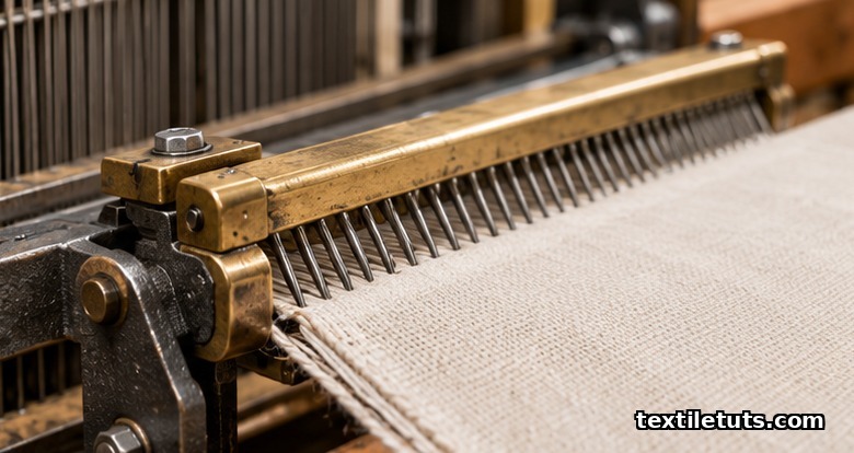 Close-up of a copper pin temple with curved brass bar and steel pins gripping freshly woven cloth at the selvedge on an industrial loom.