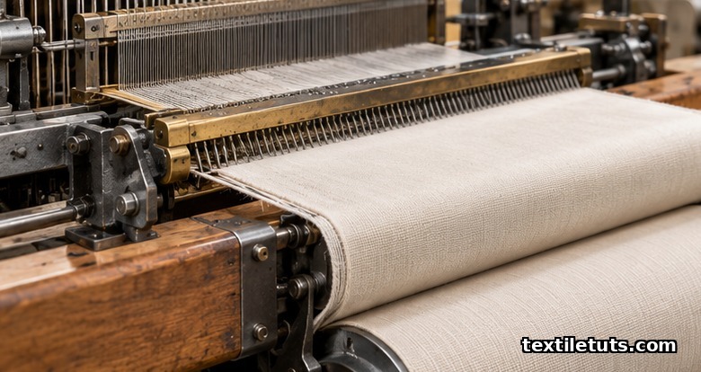Temple mounted on the breast beam of a power loom just behind the fell of the cloth at the selvedge, with reed and warp visible.