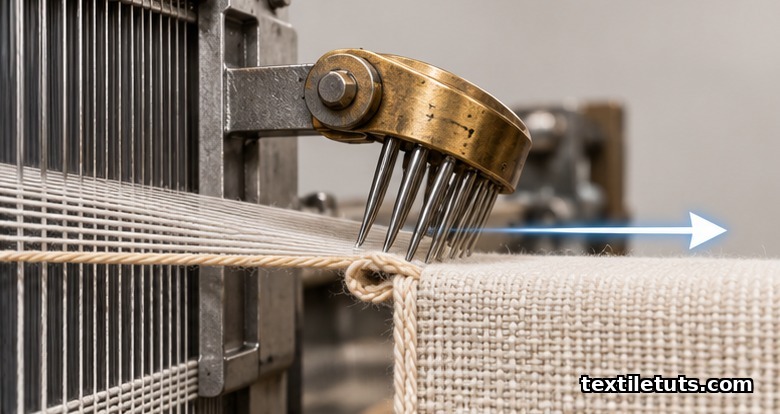 Side-view of a temple pressing against woven fabric at the selvedge, showing outward lateral force holding cloth at full reed width.