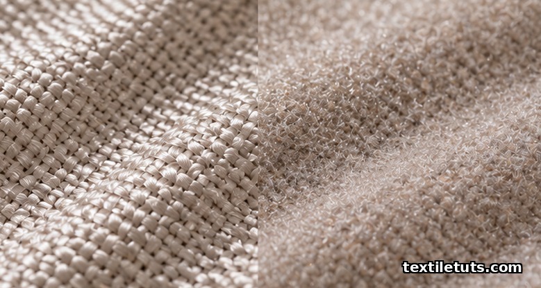 Macro of woven Tencel fabric, smooth and lustrous on one side, with fine peach-skin fibrillation on the other