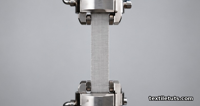 Tensile testing machine gripping a 50 mm wide woven fabric specimen between two steel pneumatic jaws with a 200 mm gauge length.