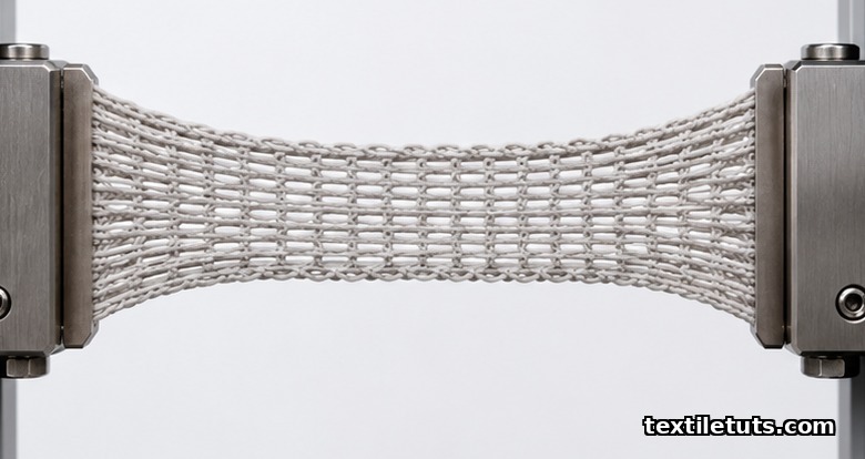 Single-jersey knit fabric specimen stretched between two jaws on a tensile frame, showing elongated loops before rupture.
