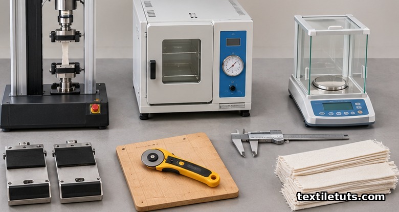 Flat-lay of a textile tensile testing kit: universal testing machine, rubber jaw faces, cutting template, conditioning chamber, and analytical balance.