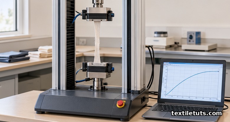 Universal testing machine pulling a woven cotton fabric strip between two flat jaws to measure breaking strength.